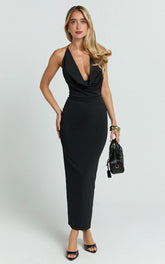Black Midi Slip Dress with Low Cowl and Open Back